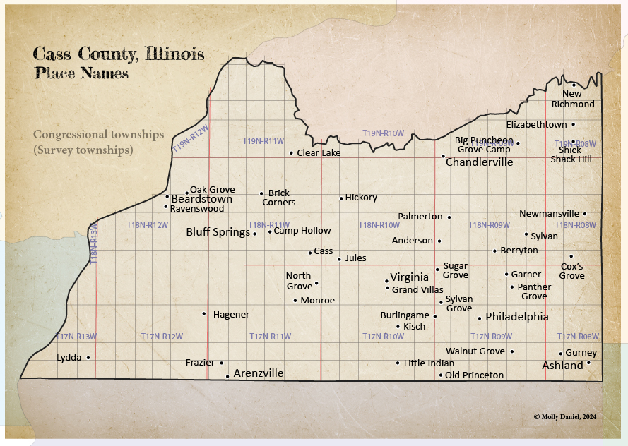 Map of Cass County, IL with place names