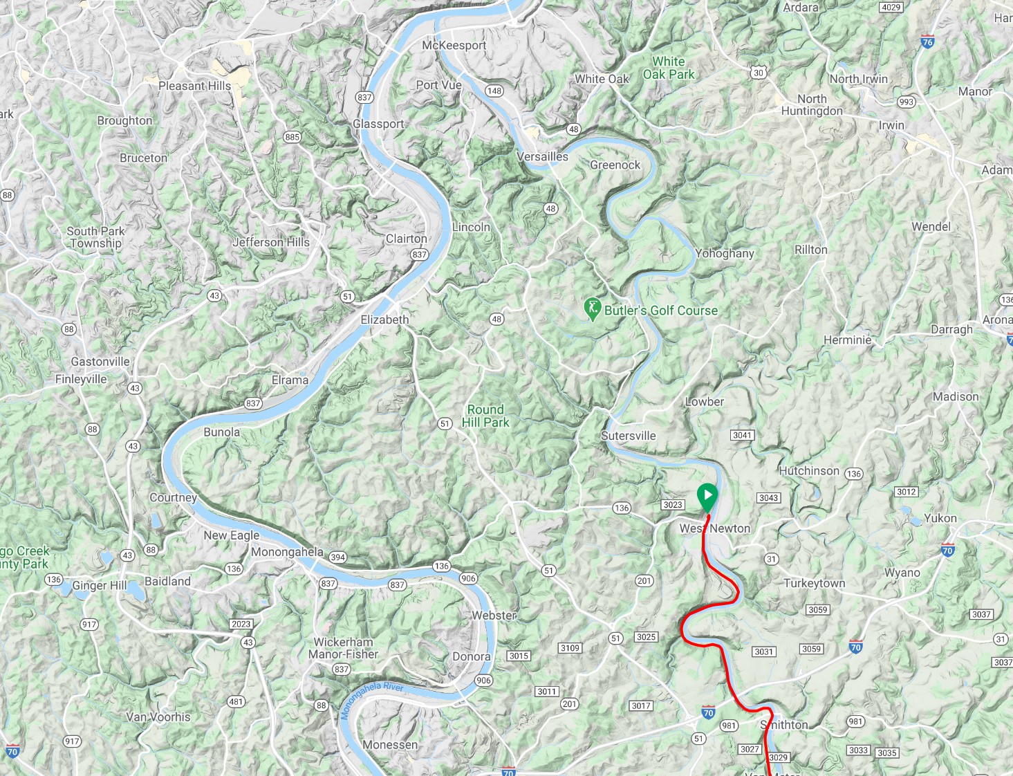 Map showing the day's route and river confluence at McKeesport