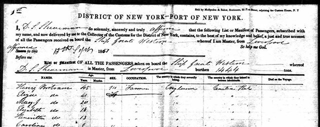 Passenger list for the arriving packet ship The Great Western